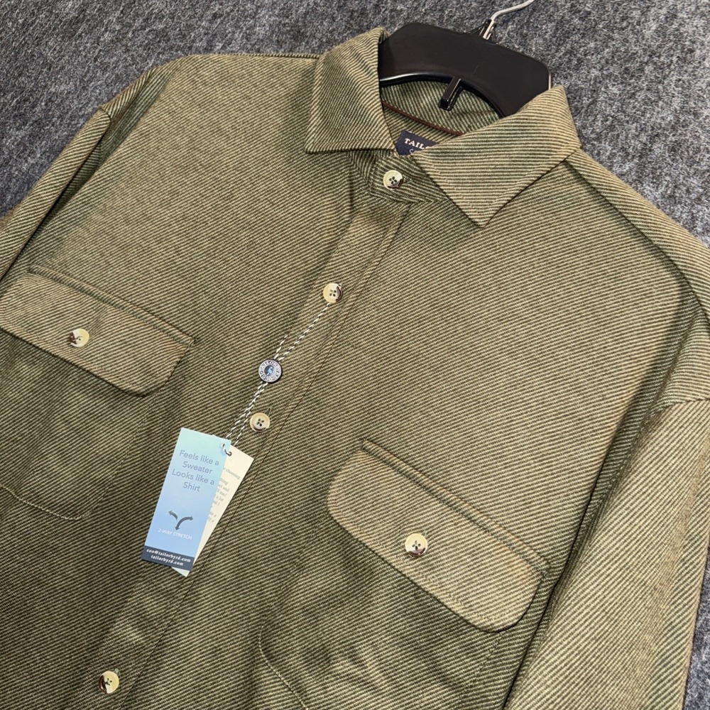 TailorByrd Green Stretch Knit Button‎ Down Shirt Mens Large Flap Pockets Comfort